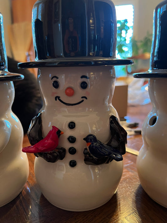 Wheel thrown Snowman with birds (~10 inches)